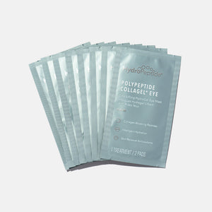 PolyPeptide Collagel+ Eye Mask | HydroPeptide sachets displayed in a fan arrangement, highlighting skincare treatment packaging for collagen-boosting and hydration.