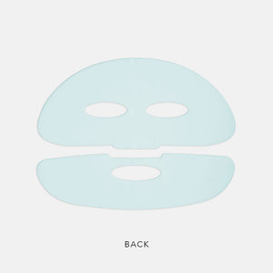 Back view of a light blue face mask sheet designed for skincare, showing cutouts for eyes and mouth, part of the PolyPeptide Collagel+ Face Mask | HydroPeptide collection.