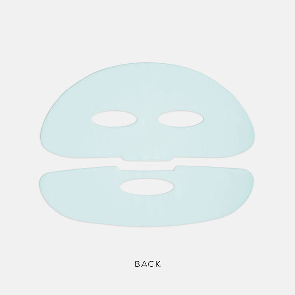 Back view of a light blue face mask sheet designed for skincare, showing cutouts for eyes and mouth, part of the PolyPeptide Collagel+ Face Mask | HydroPeptide collection.
