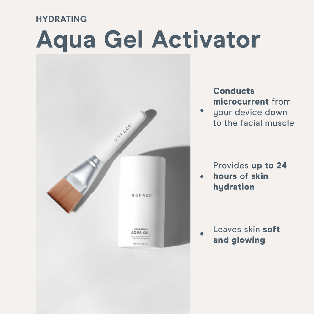 White cylindrical bottle of Hydrating Aqua Gel | NuFACE skincare product designed for moisturizing and hydration with hyaluronic acid and glacial water.