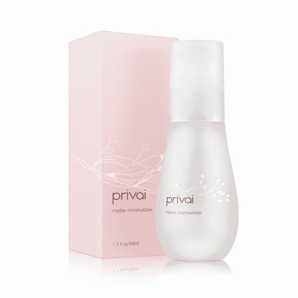 Bottle and light pink box packaging of Matte Moisturizer | Privai, a skincare product designed to provide hydration with a matte finish.