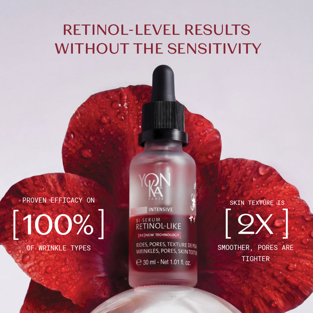 Bottle of Retinol-Like Bi-Serum | Yon-Ka Paris with dropper cap, featuring clear frosted glass and label highlighting skincare benefits for wrinkles, pores, and skin texture.