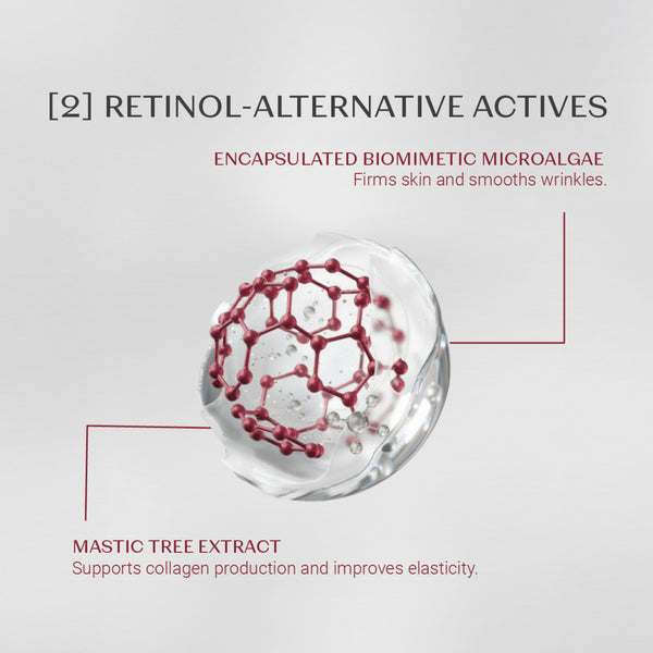 Visual representation of retinol-alternative actives featuring encapsulated biomimetic microalgae that firms skin and smooths wrinkles and mastic tree extract that supports collagen production and improves elasticity for Retinol-Like Bi-Serum | Yon-Ka Paris.