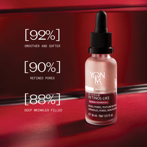 Retinol-Like Bi-Serum | Yon-Ka Paris bottle with dropper on red surface, highlighting 92% smoother and softer skin, 90% refined pores, and 88% deep wrinkles filled for skincare benefits.