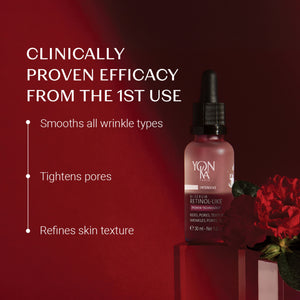 Retinol-Like Bi-Serum | Yon-Ka Paris bottle displayed with text highlighting clinically proven skincare benefits including smoothing wrinkles, tightening pores, and refining skin texture.