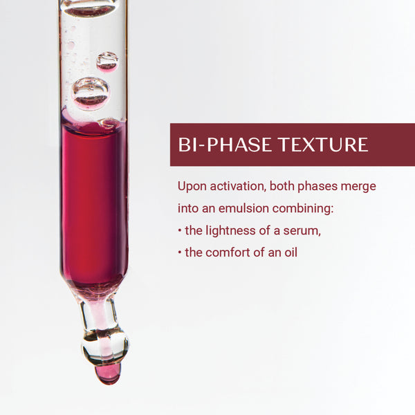 Close-up of a dropper containing a dual-phase liquid illustrating the bi-phase texture of Retinol-Like Bi-Serum | Yon-Ka Paris, highlighting its light serum and comforting oil blend.