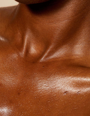 Close-up of a smooth, glowing shoulder and upper chest area highlighting hydrated skin with Body Serum | Omorovicza for enhanced body care and skincare wellness.