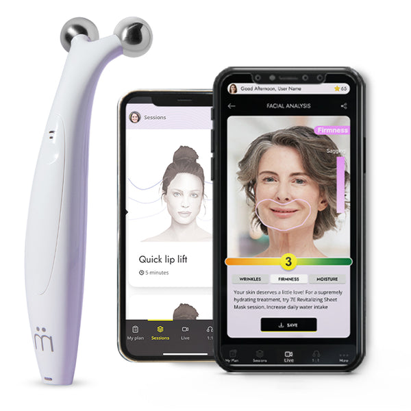 Myolift QT Plus Premium - Lifetime Membership | 7e Wellness device with dual metal spheres next to two smartphones showing facial analysis and skincare session apps for wrinkle reduction and firmness improvement.