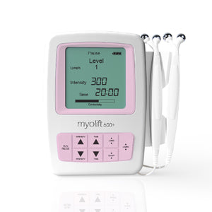 New Generation 600+ ATP Professional Microcurrent Facial Kit | 7e Wellness showing a white and pink microcurrent device with digital display and three handheld probes for advanced skincare treatment.