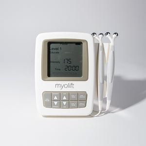 MyoLift Mini Microcurrent Facial Device | 7e Wellness shown with digital screen and three handheld probes, designed for advanced skincare and facial toning treatments.