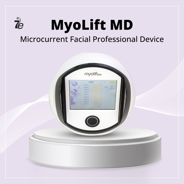 MyoLift™ MD Microcurrent Facial Professional Device | 7e Wellness displayed on a pedestal with a sleek white circular design and digital interface for advanced skincare and wellness treatments.