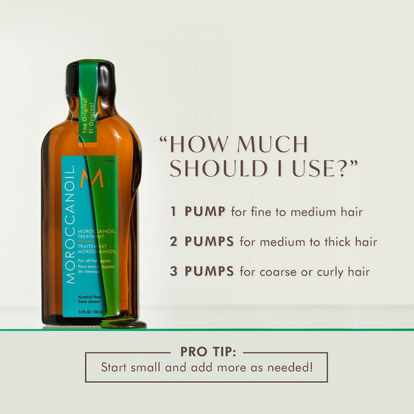 Bottle of Moroccanoil Treatment | Moroccanoil displayed next to usage instructions recommending 1 pump for fine hair, 2 for medium to thick hair, and 3 for coarse or curly hair, with a pro tip to start small and add more as needed.