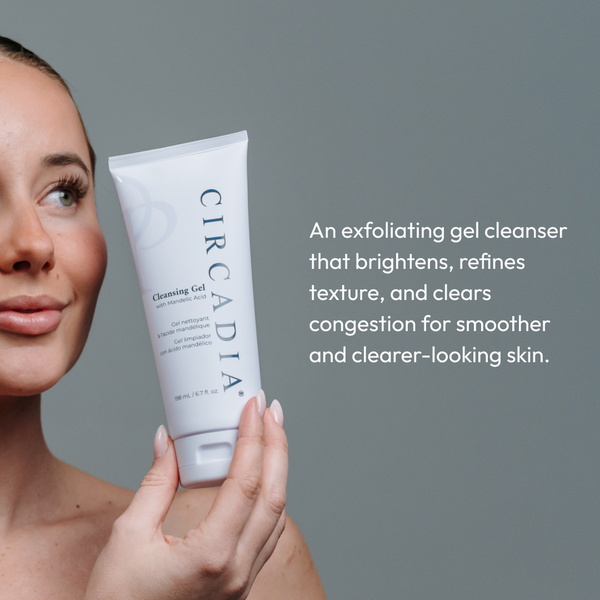 A woman holding a tube of Cleansing Gel with Mandelic Acid | Circadia next to text describing it as an exfoliating gel cleanser that brightens, refines texture, and clears congestion for smoother skin.