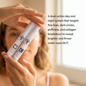 Close-up of a person holding two white bottles of Full Circle Eye Repair - Eye Cream Duo | Circadia, designed as a dual-action day and night system to improve under-eye skin by targeting fine lines, dark circles, puffiness, and collagen breakdown for brighter, firmer results.