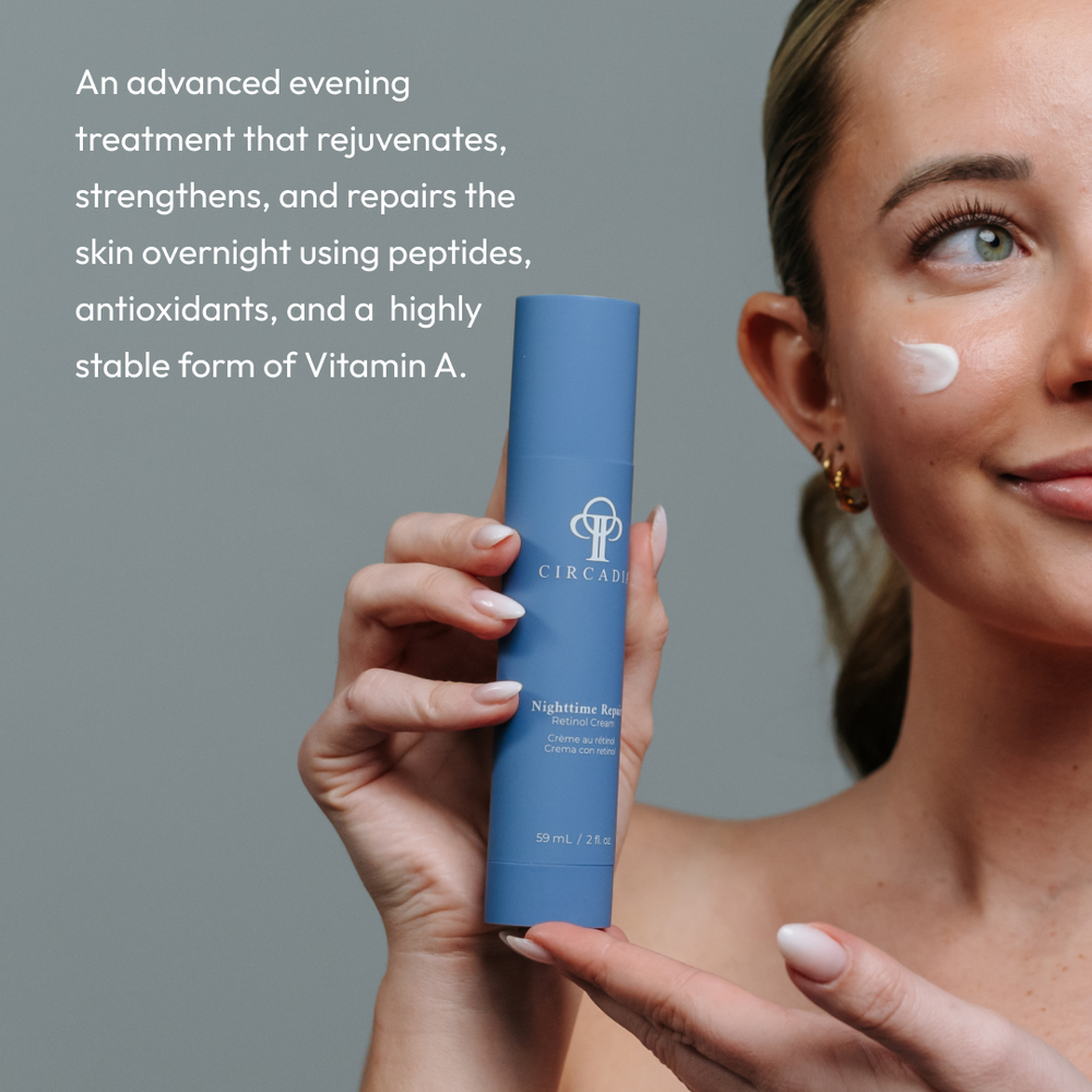 Blue cylindrical bottle of Nighttime Repair Retinol Cream | Circadia designed for skincare and nighttime skin renewal.