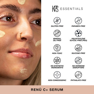 Close-up of a woman with serum applied on her face next to a list of KPS Essentials skincare benefits highlighting gluten-free, paraben-free, mineral oil-free, PEG-free, non-toxic, silicone-free, no synthetic ingredients, no hormone disruptors, non-comedogenic, and phthalate-free features for Renū C+ | Kindness Powered Skincare.