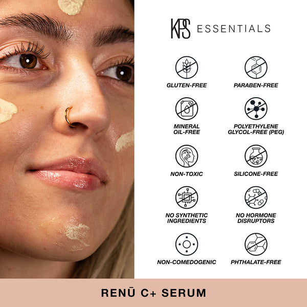 Close-up of a woman with serum applied on her face next to a list of KPS Essentials skincare benefits highlighting gluten-free, paraben-free, mineral oil-free, PEG-free, non-toxic, silicone-free, no synthetic ingredients, no hormone disruptors, non-comedogenic, and phthalate-free features for Renū C+ | Kindness Powered Skincare.