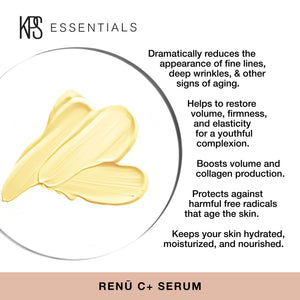 Close-up of a creamy yellow skincare serum with text highlighting benefits including reducing wrinkles, restoring firmness, boosting collagen, protecting against free radicals, and hydrating skin for Renū C+ | Kindness Powered Skincare.