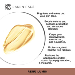 Creamy yellow skincare product sample with text highlighting benefits like brightening skin tone, boosting collagen, hydration, protection from free radicals, and reducing dark spots for Renū Lumin | Kindness Powered Skincare.