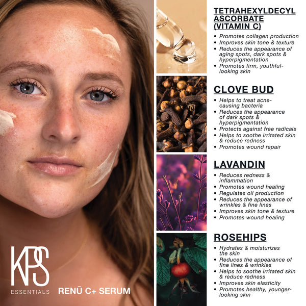 Close-up of a woman applying Renū C+ | Kindness Powered Skincare serum on her cheek, alongside ingredient highlights including Vitamin C, clove bud, lavandin, and rosehips, promoting youthful, hydrated, and even-toned skin.