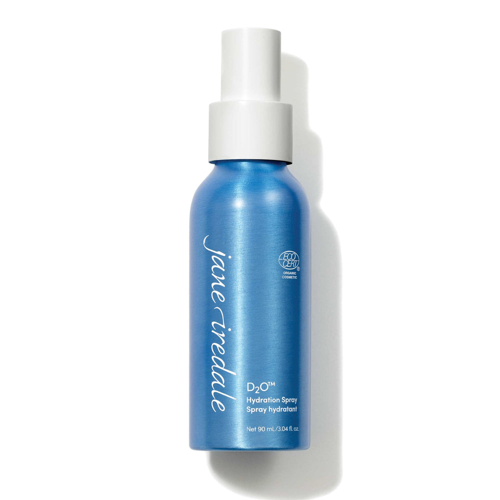 Gold spray bottle of D20 Hydration Spray | Jane Iredale, an organic skincare product designed to hydrate and refresh the skin.