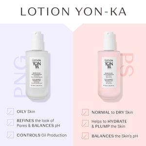 Two bottles of Lotion YON-KA PS | YON-KA skincare products displayed side by side, one for oily skin and the other for normal to dry skin, highlighting their benefits for pores, pH balance, hydration, and plumping.