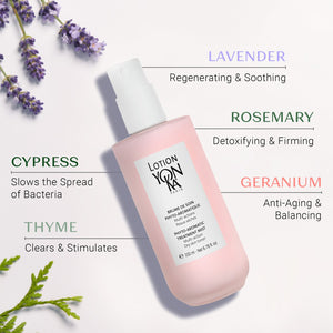Pink bottle of Lotion YON-KA PS | YON-KA with white cap surrounded by sprigs of lavender, cypress, thyme, rosemary, and geranium, highlighting their skincare benefits such as regenerating, detoxifying, soothing, and anti-aging.