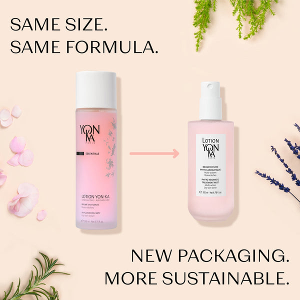 Comparison of old and new skincare bottles of Lotion YON-KA PS | YON-KA with pink liquid and floral elements on a beige background highlighting sustainable packaging changes.