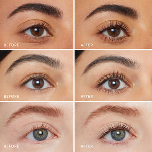 Three sets of close-up images showing eyes before and after applying Lash Fixation Length & Definition Tubing Mascara | Jane Iredale, demonstrating longer, defined lashes on diverse models.