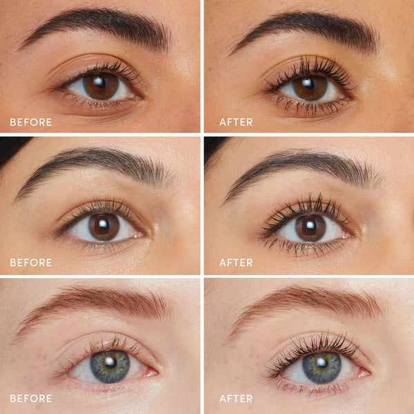 Three sets of close-up images showing eyes before and after applying Lash Fixation Length & Definition Tubing Mascara | Jane Iredale, demonstrating longer, defined lashes on diverse models.