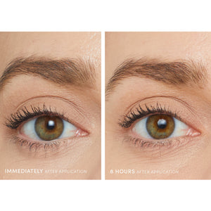 Close-up comparison of an eye showing eyelash length and definition immediately and 8 hours after using Lash Fixation Length & Definition Tubing Mascara | Jane Iredale.