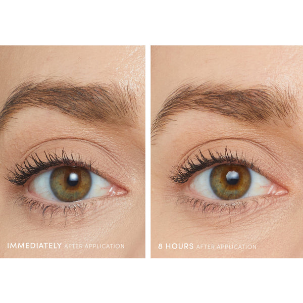 Close-up comparison of an eye showing eyelash length and definition immediately and 8 hours after using Lash Fixation Length & Definition Tubing Mascara | Jane Iredale.