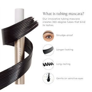 Lash Fixation Length & Definition Tubing Mascara | Jane Iredale product with black mascara swirl illustrating features like smudge-proof, longer-looking lashes, long-lasting wear, and gentle on sensitive eyes.