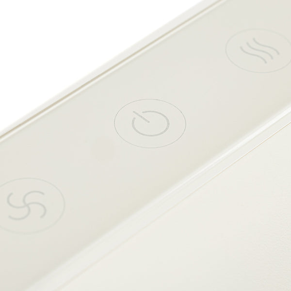 Close-up of a sleek white control panel with touch buttons, including a power symbol, designed for the SUMSEI Air Shower | SUMSEI wellness device.