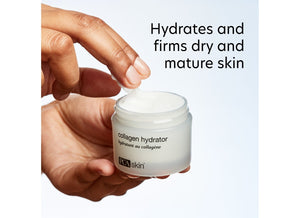 A hand scooping cream from a jar of Collagen Hydrator | PCA Skin, promoting hydration and firming for dry and mature skin in a skincare routine.