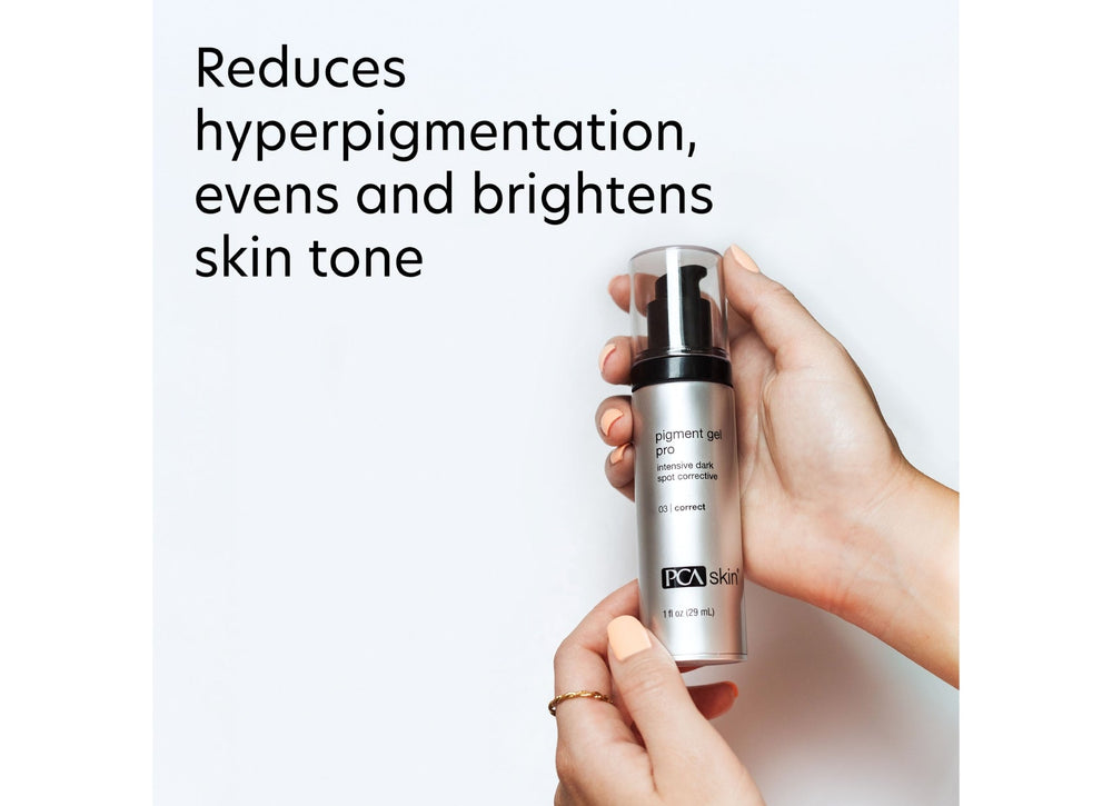 Bottle of Pigment Gel Pro | PCA Skin intensive dark spot corrective skincare product with a black pump dispenser and clear cap.