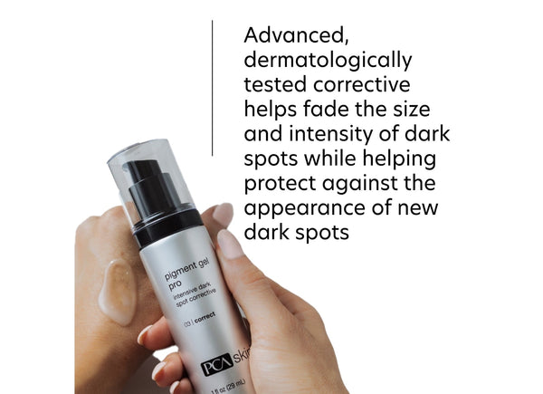 Hand holding a bottle of Pigment Gel Pro | PCA Skin with gel applied on the back of the hand, showcasing its use for fading dark spots and protecting against new dark spots.