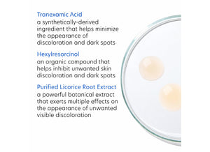 Close-up of a clear dish with two beige gel droplets beside text describing key ingredients in Pigment Gel Pro | PCA Skin, including Tranexamic Acid, Hexylresorcinol, and Purified Licorice Root Extract that help reduce skin discoloration and dark spots.