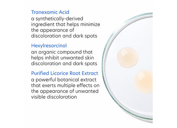 Close-up of a clear dish with two beige gel droplets beside text describing key ingredients in Pigment Gel Pro | PCA Skin, including Tranexamic Acid, Hexylresorcinol, and Purified Licorice Root Extract that help reduce skin discoloration and dark spots.