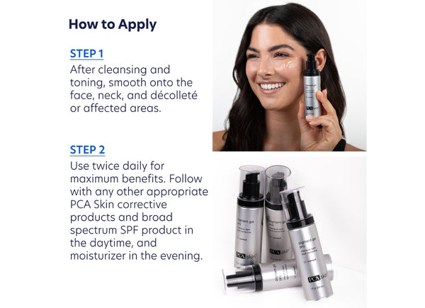 A woman smiling while holding a bottle of Pigment Gel Pro | PCA Skin applied to her face with visible product on her cheeks, next to an image of several silver skincare bottles from the same product line.
