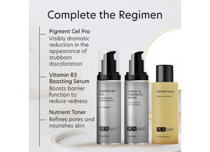 Pigment Gel Pro | PCA Skin bottle alongside Vitamin B3 Boosting Serum and Nutrient Toner, highlighting a skincare regimen for reducing discoloration and nourishing skin.