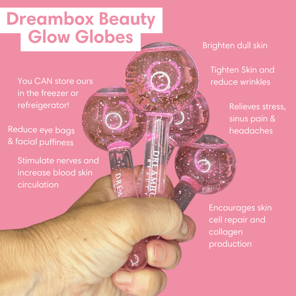 Hand holding four pink Glow Globes [Ice Roller for Face] | Dreambox Beauty against a pink background with text highlighting benefits like brightening dull skin, reducing wrinkles, relieving stress, and improving circulation.