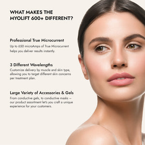 Close-up of a woman with clear skin next to text highlighting features of the New Generation 600+ ATP Professional Microcurrent Facial Kit | 7e Wellness, including powerful microcurrent, customizable wavelengths, and various accessories for skincare and wellness devices.