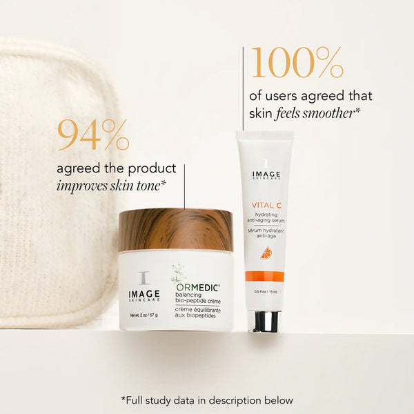 Dazzling Duo | IMAGE Skincare featuring Ormedic balancing bio-peptide crème and Vital C hydrating anti-aging serum with user claims of improved skin tone and smoother skin.