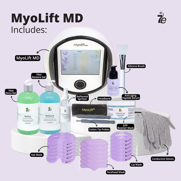MyoLift™ MD Microcurrent Facial Professional Device | 7e Wellness with skincare accessories including gels, masks, peptide serum, conductive gloves, silicone brush, and cotton tip probes for enhanced wellness care.