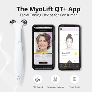Myolift QT Plus Premium - Lifetime Membership | 7e Wellness facial toning device displayed with companion app screenshots showing facial analysis and guided skincare sessions for enhanced wellness results.