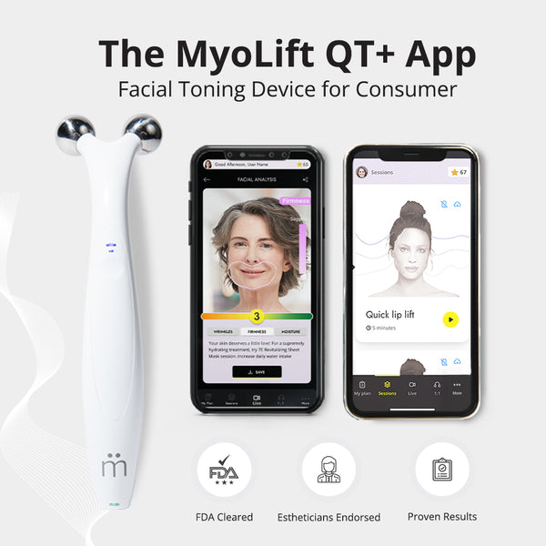 Myolift QT Plus Premium - Lifetime Membership | 7e Wellness facial toning device displayed with companion app screenshots showing facial analysis and guided skincare sessions for enhanced wellness results.