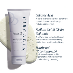 Tube of Cleansing Gel with Salicylic Acid | Circadia displayed alongside a gel texture and text highlighting key ingredients and their skin benefits for skincare and wellness.