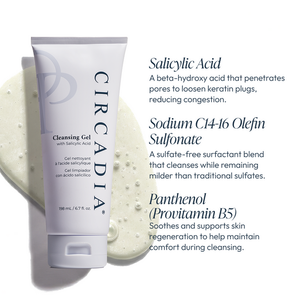 Tube of Cleansing Gel with Salicylic Acid | Circadia displayed alongside a gel texture and text highlighting key ingredients and their skin benefits for skincare and wellness.