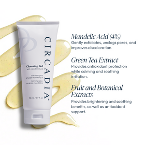 Tube of Cleansing Gel with Mandelic Acid | Circadia on a white background with gel smears, highlighting ingredients like mandelic acid, green tea extract, and botanical extracts for skincare benefits.